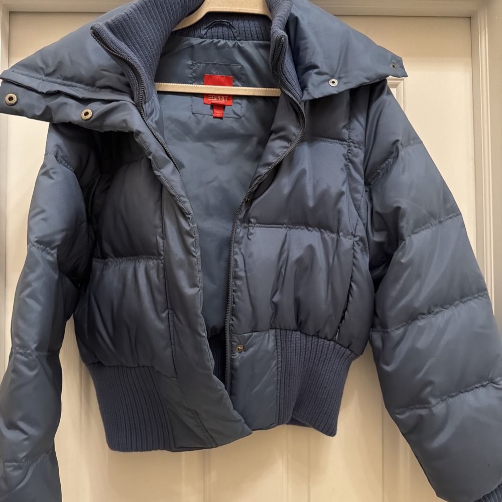Esprit Down Puffer Bomber Jacket Vest Womens M Blue Zip Off Sleeves Convertible